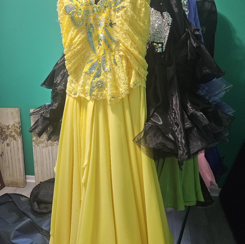 "Lemon Chiffon" Smooth Couture Ballroom Gown Yellow & Blue w/ Swarovski